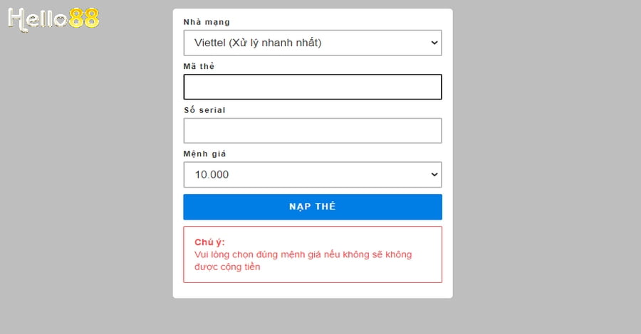 Nạp tiền Hello88 qua thẻ cào di động