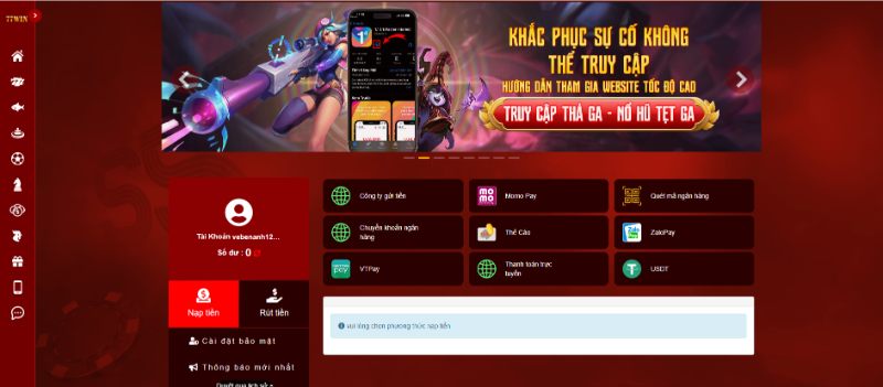 Hướng dẫn thao tác chi tiết Nạp tiền 77win nhà cái