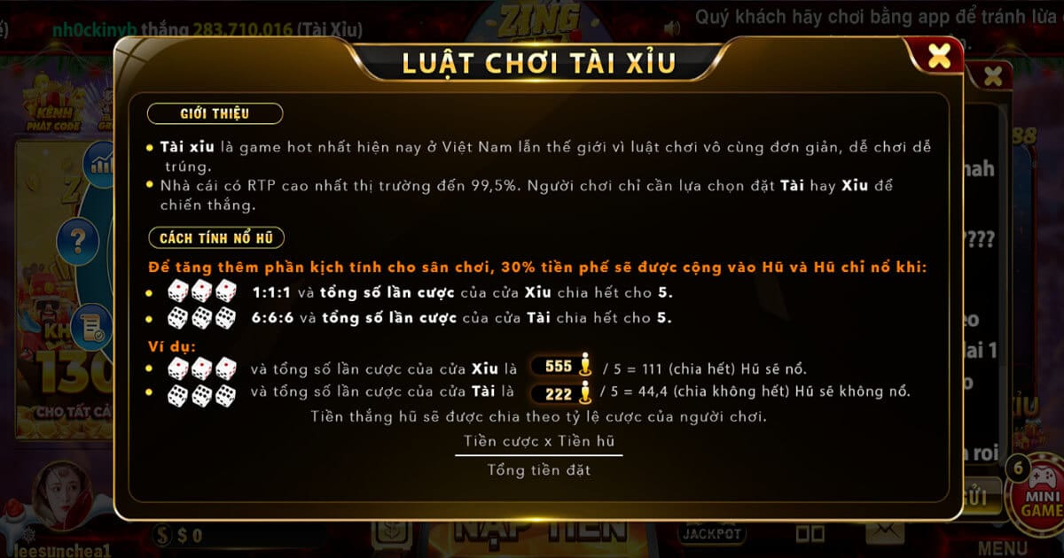 Luật chơi Tài Xỉu Zing88 chi tiết