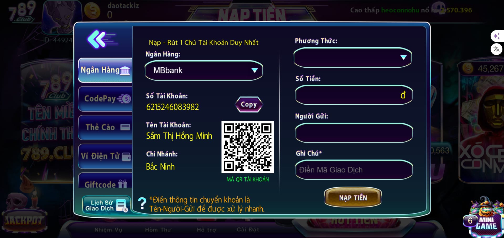 Nạp Tiền Qua Ngân Hàng