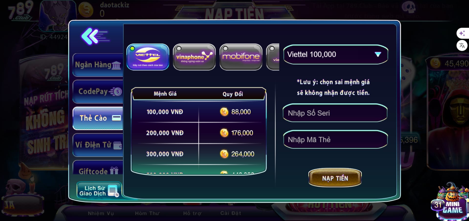 Nạp Tiền Bằng Thẻ Cào Điện Thoại