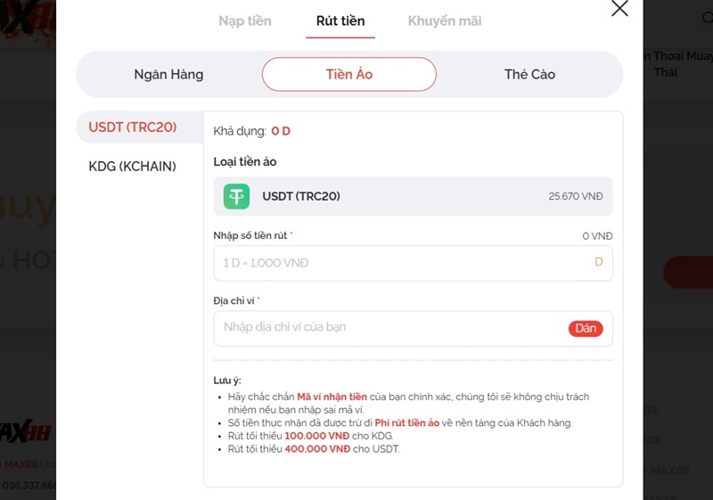 Rút tiền Max88 bằng tiền ảo