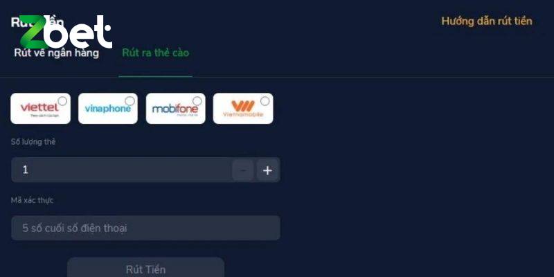 Rút tiền ZBET qua thẻ cào phù hợp với tài khoản có số dư nhỏ